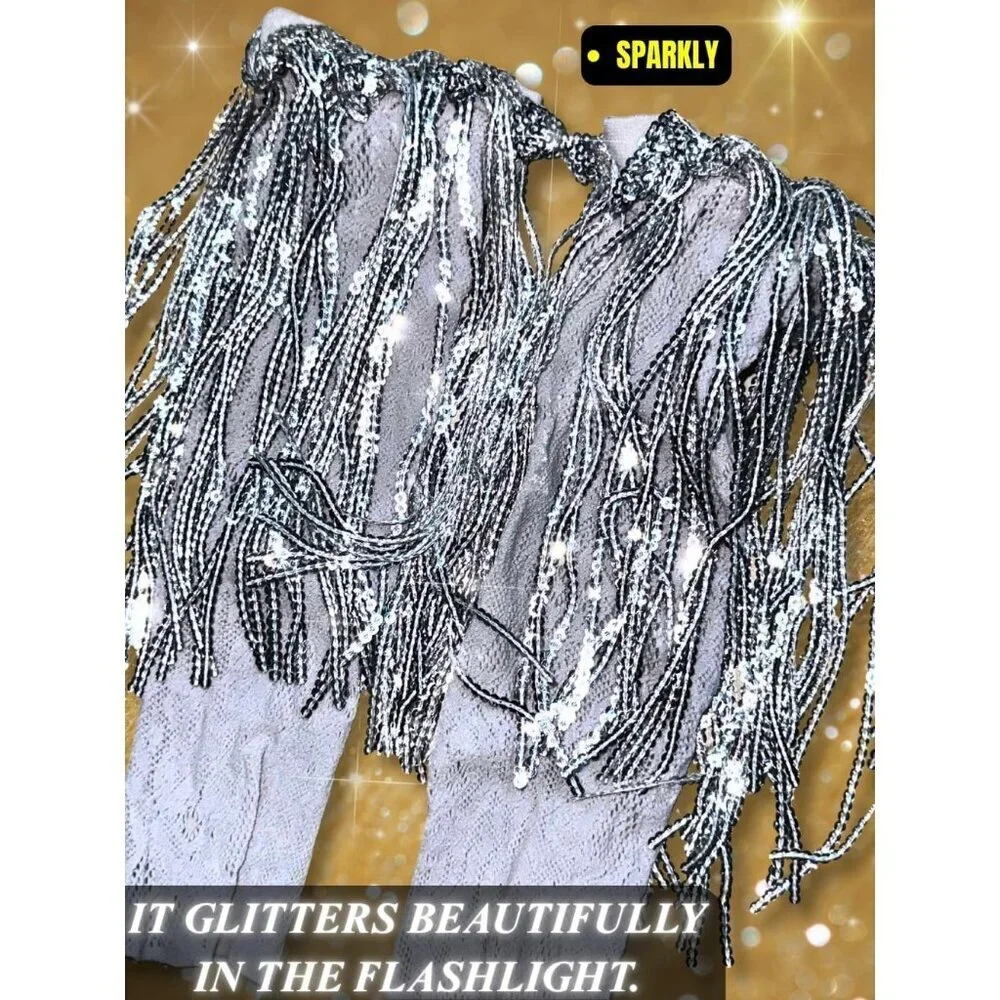 Women's Sparkly Sequin Gray Fingerless Fringe Lace Arm Sleeves Party Gloves